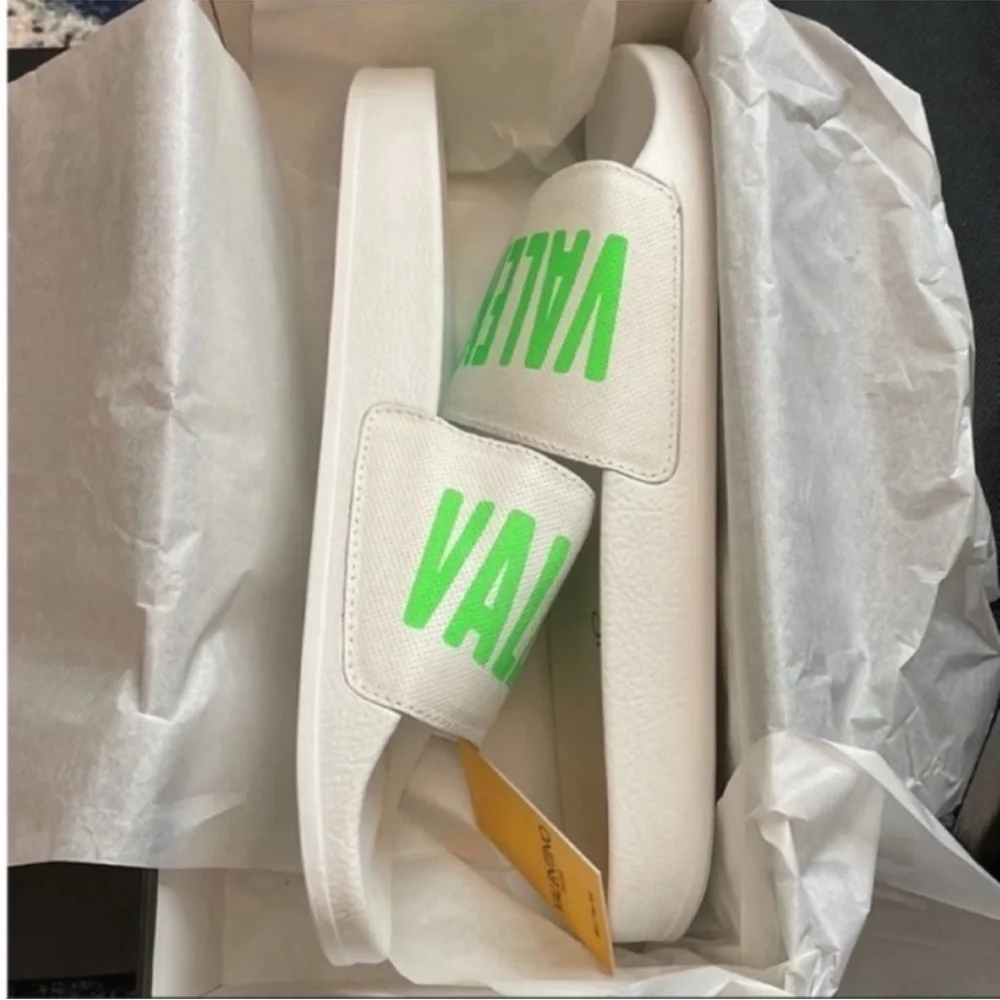 Valentino Leather Logo Neon Green  Slide Sandals